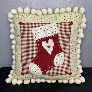 Vintage Mervyn's Christmas Button Stocking Pillow Country Cottage Pom Poms 14"